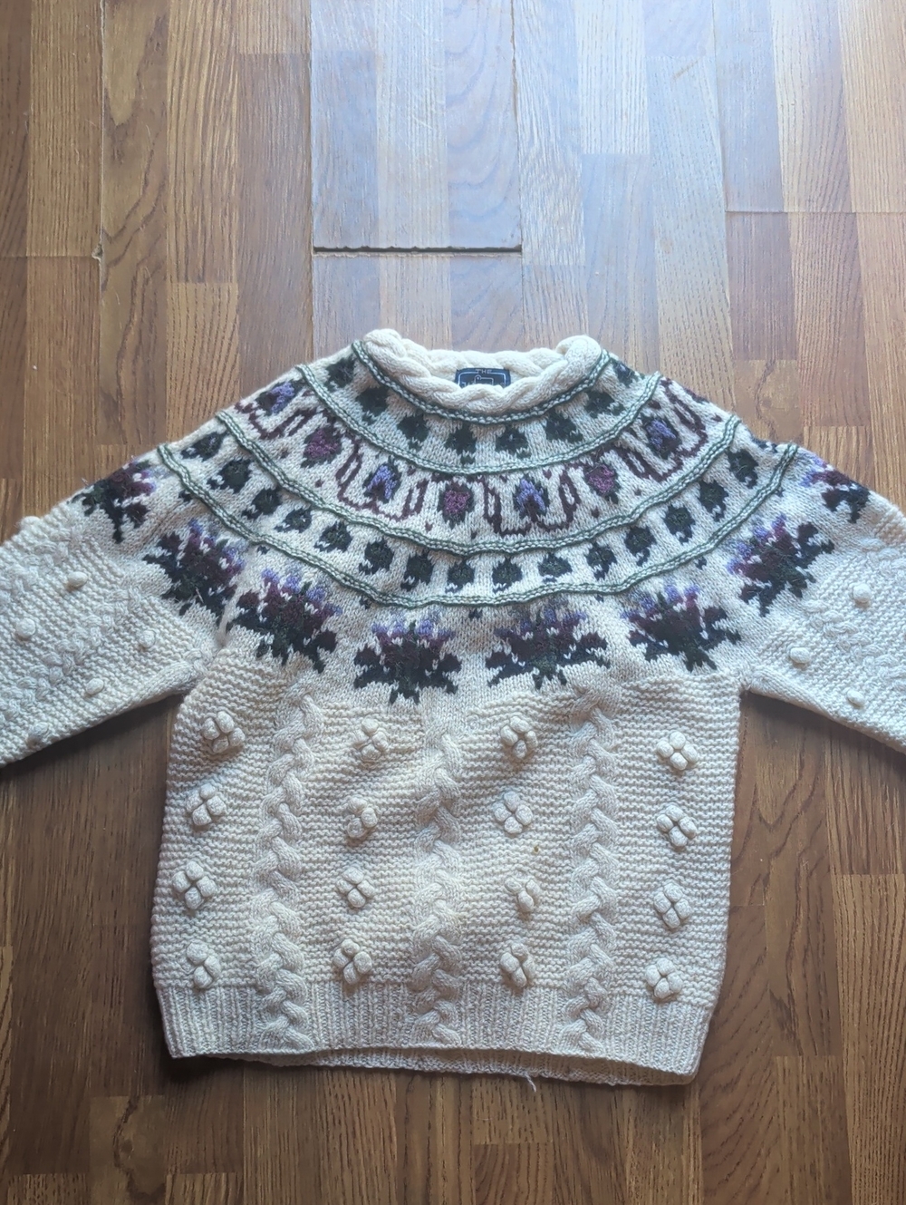 Cream Fair Isle Cable Knit Sweater with Purple & Green Accents